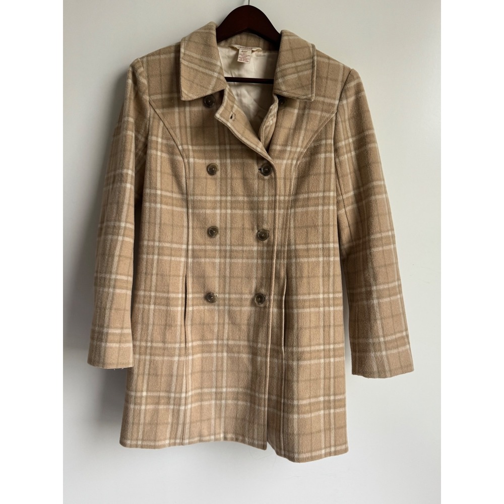 Sundance Tan Plaid Wool Blend Double Breasted Pea Coat Jacket XS Academic preppy